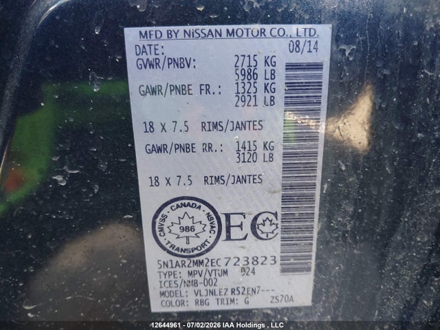 Aukcja sprzedaży 2014 Nissan Pathfinder S/sv/sl/platinum, vin: 5N1AR2MM2EC723823, numer aukcji: 12644961