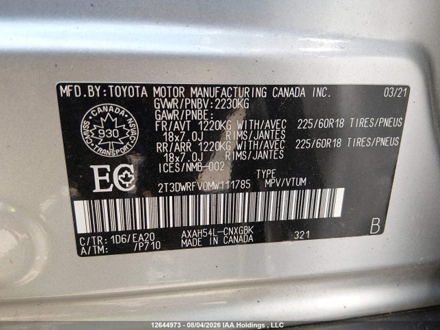 Aukcja sprzedaży 2021 Toyota Rav4 Limited, vin: 2T3DWRFV0MW111785, numer aukcji: 12644973
