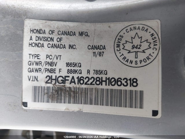 2008 Honda Civic Dx მანქანა იყიდება აუქციონზე, vin: 2HGFA16228H106318, აუქციონის ნომერი: 12644980