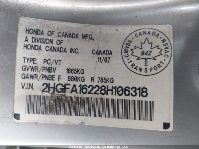 2008 Honda Civic Dx მანქანა იყიდება აუქციონზე, vin: 2HGFA16228H106318, აუქციონის ნომერი: 12644980