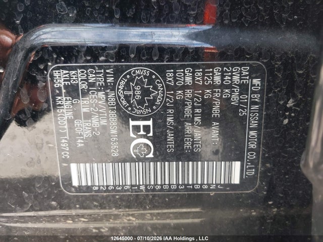 12645000 :رقم المزاد ، JN8BT3BB8SW163628 vin ، 2025 Nissan Rogue Sv/rock Creek مزاد بيع