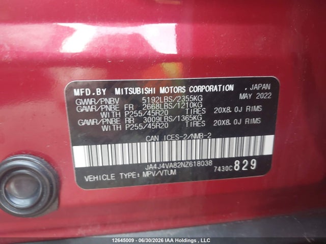 12645009 :رقم المزاد ، JA4J4VA82NZ618038 vin ، 2022 Mitsubishi Outlander Sel/sel Special Edition مزاد بيع