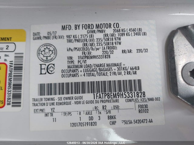 Продажа на аукционе авто 2017 Ford Mustang V6, vin: 1FATP8EM9H5331828, номер лота: 12645013