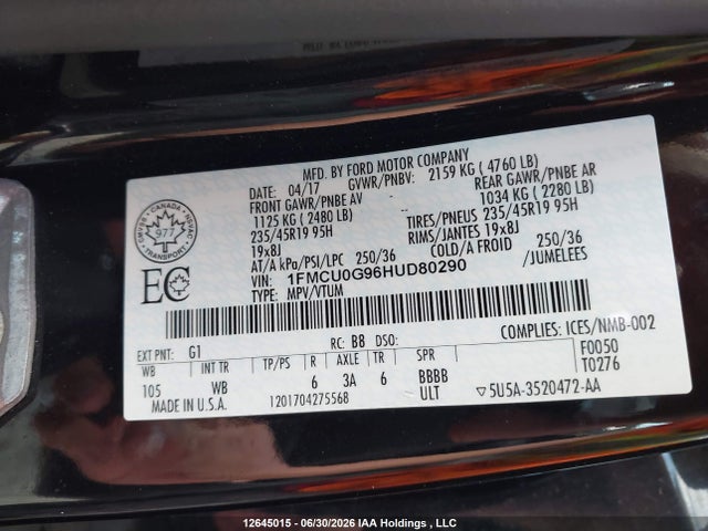 12645015 :رقم المزاد ، 1FMCU0G96HUD80290 vin ، 2017 Ford Escape مزاد بيع
