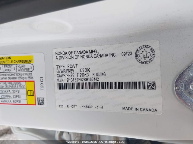 2024 Honda Civic Sport მანქანა იყიდება აუქციონზე, vin: 2HGFE2F52RH103442, აუქციონის ნომერი: 12645016