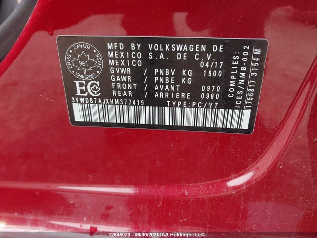 2017 Volkswagen Jetta Wolfsburg Edition მანქანა იყიდება აუქციონზე, vin: 3VWDB7AJXHM377419, აუქციონის ნომერი: 12645023