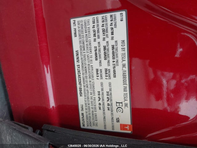 Продажа на аукционе авто 2019 Tesla Model X 100d/75d/long Range/p100d, vin: 5YJXCAE22KF189454, номер лота: 12645025