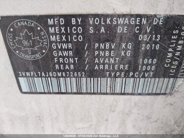 Продажа на аукционе авто 2013 Volkswagen Jetta Tdi, vin: 3VWPL7AJ6DM672652, номер лота: 12645028