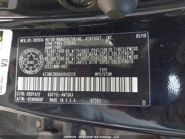 2010 Toyota Venza Base V6 მანქანა იყიდება აუქციონზე, vin: 4T3BK3BB8AU040326, აუქციონის ნომერი: 12645029