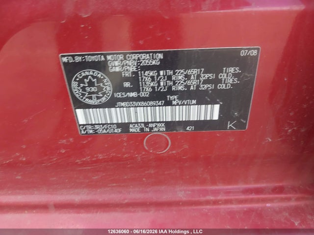 2008 Toyota Rav4 მანქანა იყიდება აუქციონზე, vin: JTMBD33VX86089347, აუქციონის ნომერი: 12636060