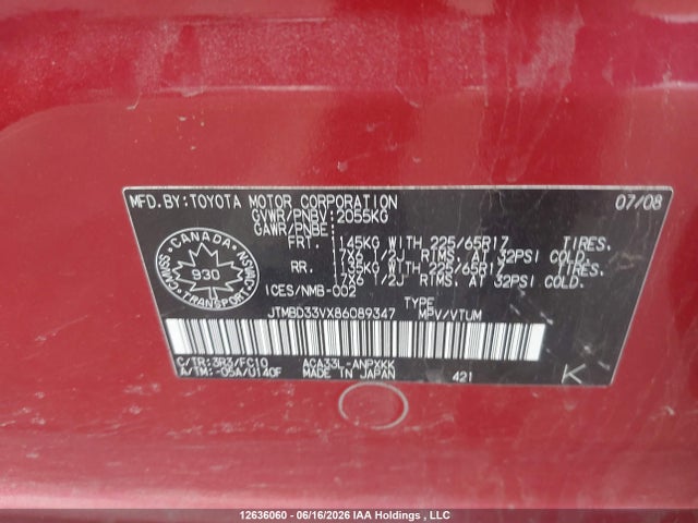 2008 Toyota Rav4 მანქანა იყიდება აუქციონზე, vin: JTMBD33VX86089347, აუქციონის ნომერი: 12636060