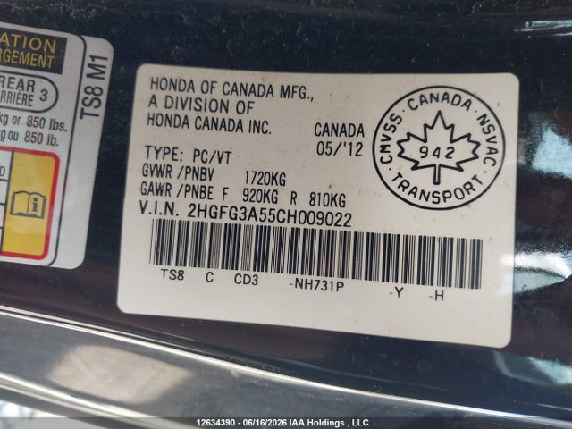 Aukcja sprzedaży 2012 Honda Civic Lx, vin: 2HGFG3A55CH009022, numer aukcji: 12634390