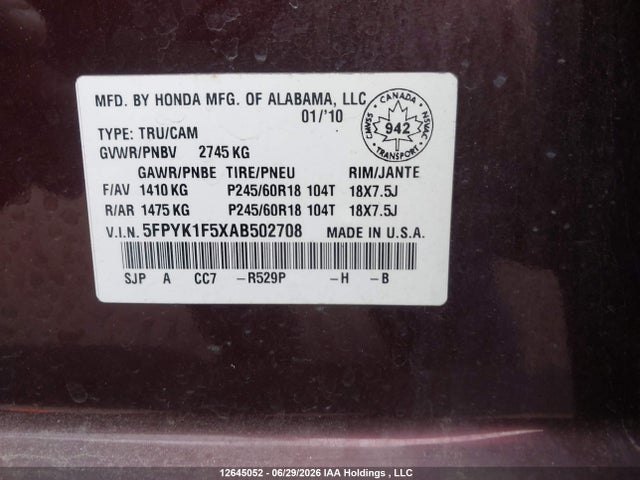 12645052 :رقم المزاد ، 5FPYK1F5XAB502708 vin ، 2010 Honda Ridgeline Rtl مزاد بيع