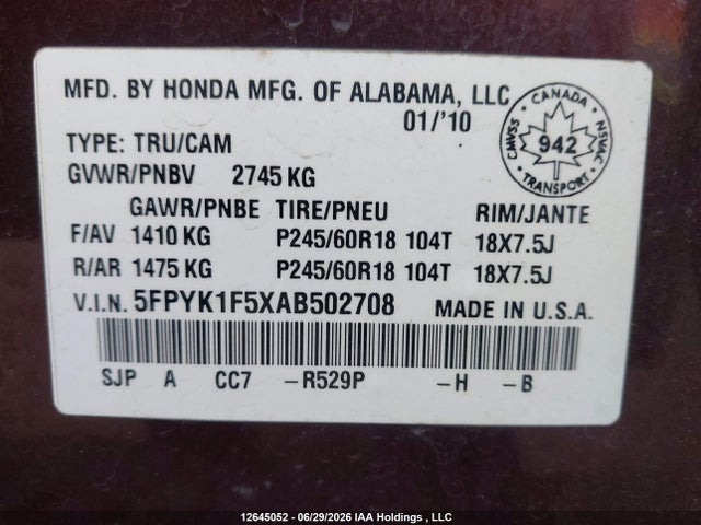 12645052 :رقم المزاد ، 5FPYK1F5XAB502708 vin ، 2010 Honda Ridgeline Rtl مزاد بيع