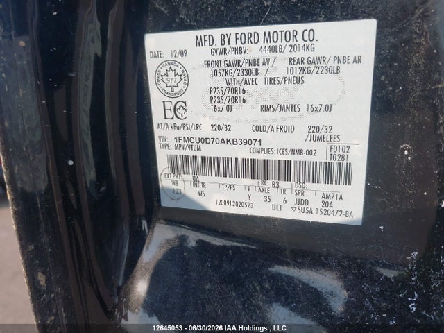 Aukcja sprzedaży 2010 Ford Escape Xlt, vin: 1FMCU0D70AKB39071, numer aukcji: 12645053