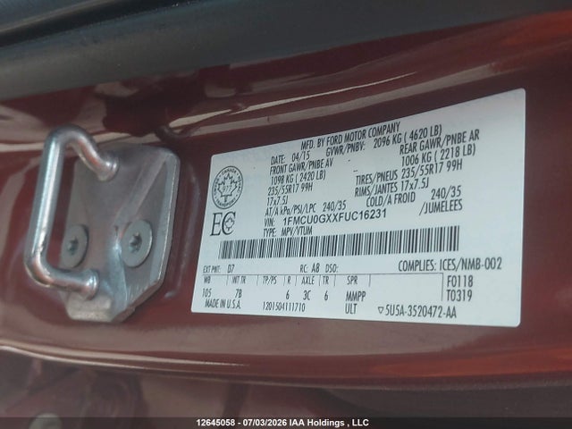 12645058 :رقم المزاد ، 1FMCU0GXXFUC16231 vin ، 2015 Ford Escape Se مزاد بيع