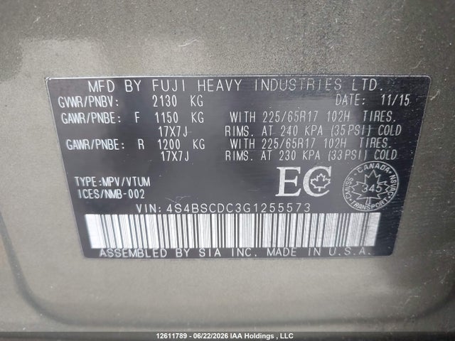 12611789 :رقم المزاد ، 4S4BSCDC3G1255573 vin ، 2016 Subaru Outback 2.5i Touring Package مزاد بيع