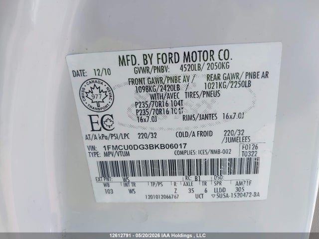 12612791 :رقم المزاد ، 1FMCU0DG3BKB06017 vin ، 2011 Ford Escape Xlt Automatic مزاد بيع