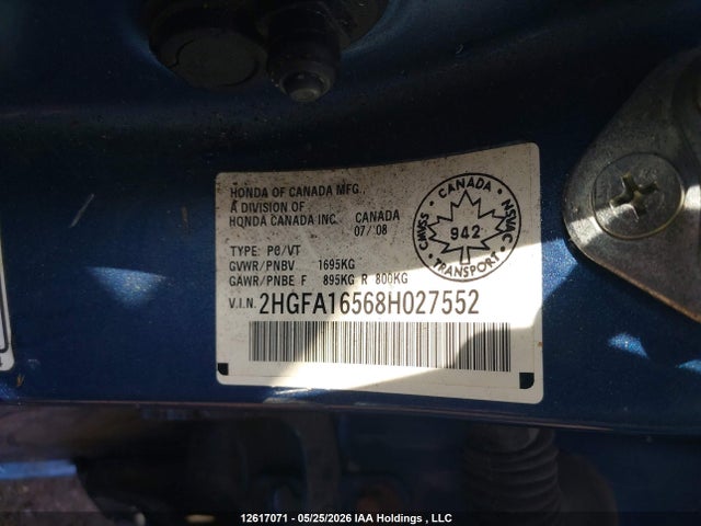 2008 Honda Civic Lx მანქანა იყიდება აუქციონზე, vin: 2HGFA16568H027552, აუქციონის ნომერი: 12617071