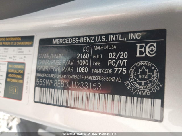 12645063 :رقم المزاد ، 55SWF8EB3LU333153 vin ، 2020 Mercedes-benz C 300 4matic مزاد بيع