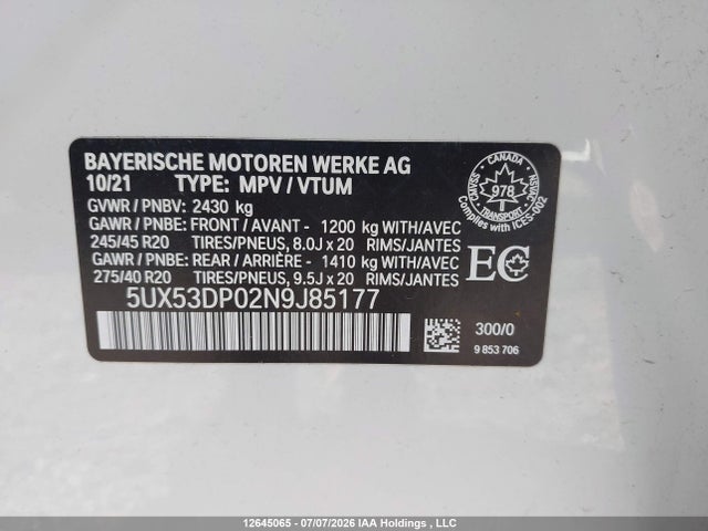 BMW X3 Xdrive30i 2022 5UX53DP02N9J85177 Image 9