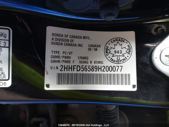 Aukcja sprzedaży 2009 Acura Csx, vin: 2HHFD56589H200077, numer aukcji: 12645070