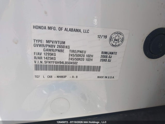 5FNYF6H94LB504502 Honda Pilot Touring 8p