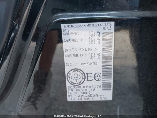 5N1DR2MM0JC645176 Nissan Pathfinder S/sv/sl/platinum