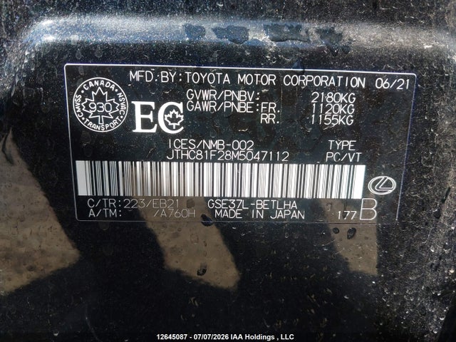 12645087 :رقم المزاد ، JTHC81F28M5047112 vin ، 2021 Lexus Is 300 300 مزاد بيع