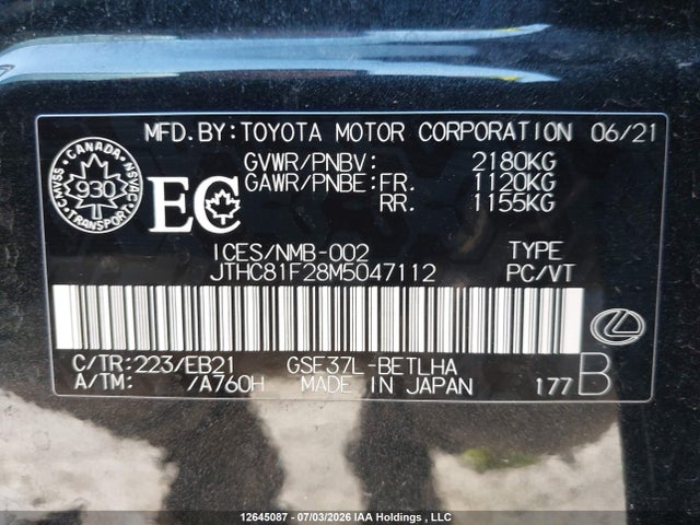 12645087 :رقم المزاد ، JTHC81F28M5047112 vin ، 2021 Lexus Is 300 300 مزاد بيع