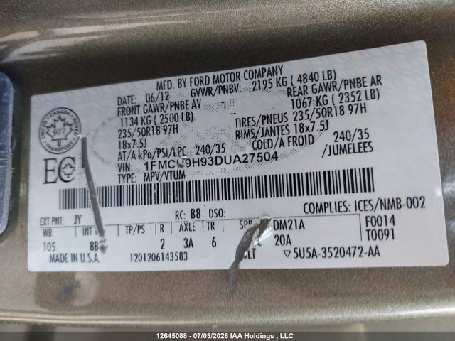 Aukcja sprzedaży 2013 Ford Escape Sel, vin: 1FMCU9H93DUA27504, numer aukcji: 12645088