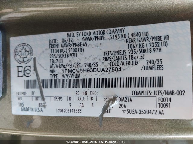 Aukcja sprzedaży 2013 Ford Escape Sel, vin: 1FMCU9H93DUA27504, numer aukcji: 12645088