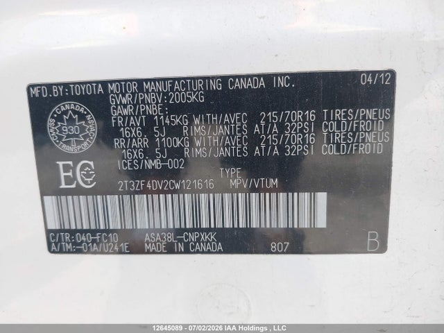 2012 Toyota Rav4 მანქანა იყიდება აუქციონზე, vin: 2T3ZF4DV2CW121616, აუქციონის ნომერი: 12645089