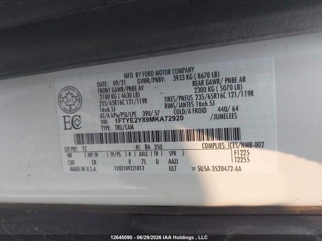 Ford Transit T-150 2021 1FTYE2Y89MKA72920 Image 19