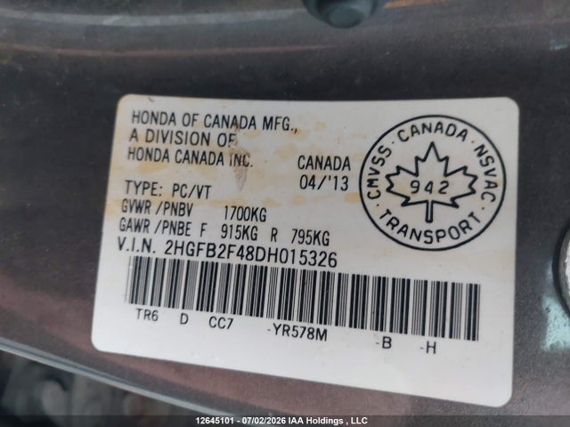 Aukcja sprzedaży 2013 Honda Civic Lx, vin: 2HGFB2F48DH015326, numer aukcji: 12645101