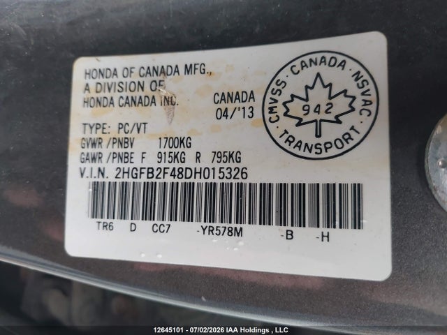 Aukcja sprzedaży 2013 Honda Civic Lx, vin: 2HGFB2F48DH015326, numer aukcji: 12645101