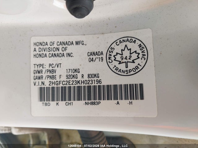 2019 Honda Civic Dx მანქანა იყიდება აუქციონზე, vin: 2HGFC2E23KH023196, აუქციონის ნომერი: 12645104
