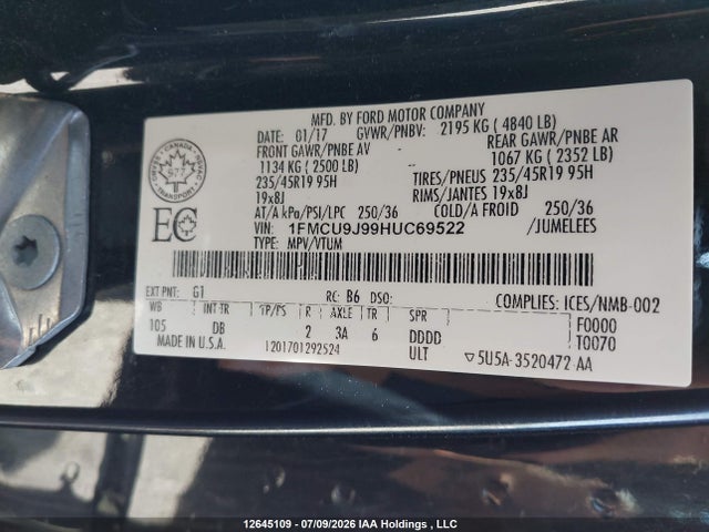 Ford Escape Titanium 2017 1FMCU9J99HUC69522 Image 9