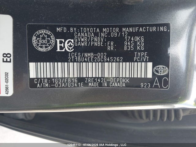2013 Toyota Corolla S/le მანქანა იყიდება აუქციონზე, vin: 2T1BU4EE2DC945262, აუქციონის ნომერი: 12645113