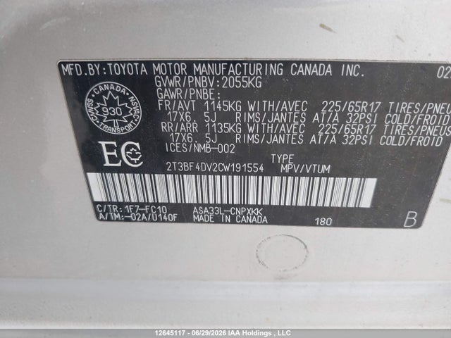 Aukcja sprzedaży 2012 Toyota Rav4, vin: 2T3BF4DV2CW191554, numer aukcji: 12645117