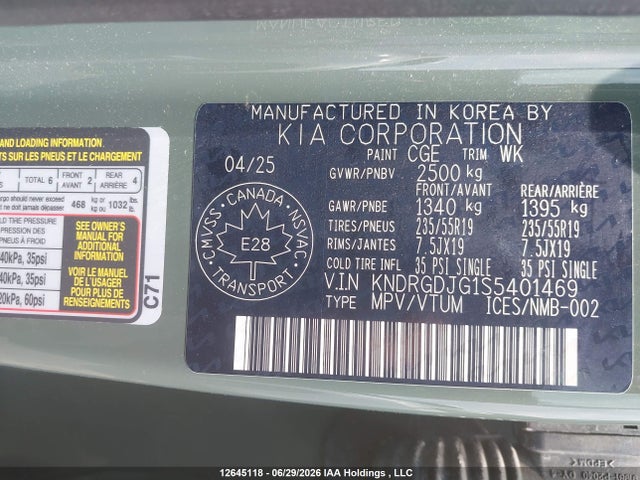 Aukcja sprzedaży 2025 Kia Sorento Ex, vin: KNDRGDJG1S5401469, numer aukcji: 12645118