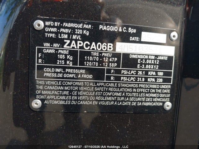 2021 Vespa Primavera/sprint 50 მანქანა იყიდება აუქციონზე, vin: ZAPCA06B4M5103531, აუქციონის ნომერი: 12645127
