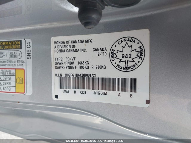 12645129 :رقم المزاد ، 2HGFG1B6XBH001721 vin ، 2011 Honda Civic Lx مزاد بيع