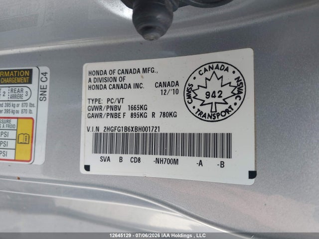 12645129 :رقم المزاد ، 2HGFG1B6XBH001721 vin ، 2011 Honda Civic Lx مزاد بيع