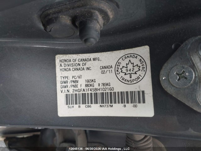 Aukcja sprzedaży 2011 Honda Civic Dx-g, vin: 2HGFA1F45BH102160, numer aukcji: 12645136