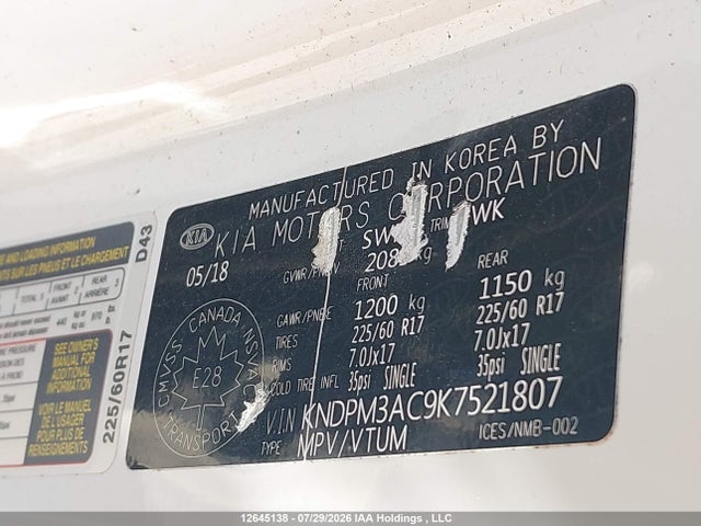 12645138 :رقم المزاد ، KNDPM3AC9K7521807 vin ، 2019 Kia Sportage Lx مزاد بيع