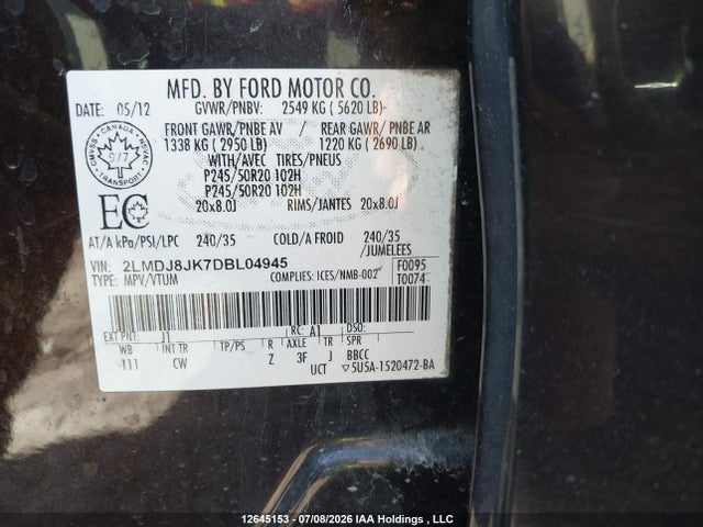 Продаж на аукціоні авто 2013 Lincoln Mkx, vin: 2LMDJ8JK7DBL04945, номер лоту: 12645153