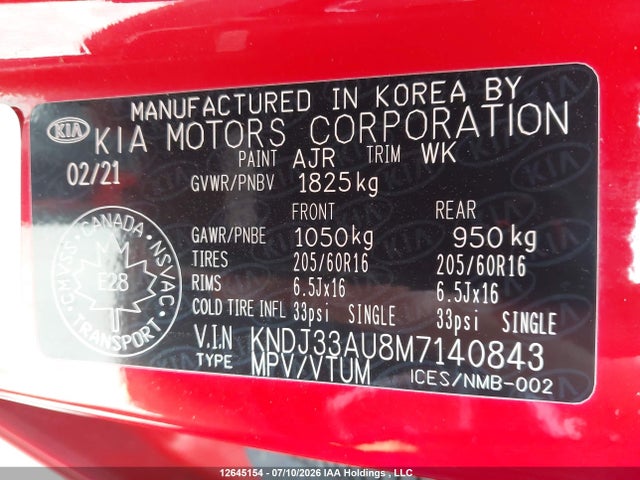 12645154 :رقم المزاد ، KNDJ33AU8M7140843 vin ، 2021 Kia Soul Ex/ex Premium/ex+/gt-line Limited مزاد بيع