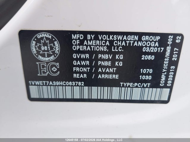 1VWET7A39HC063782 Volkswagen Passat 1.8 Tsi Highline
