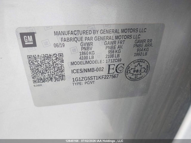 2019 Chevrolet Malibu Rs მანქანა იყიდება აუქციონზე, vin: 1G1ZG5ST1KF227567, აუქციონის ნომერი: 12645168
